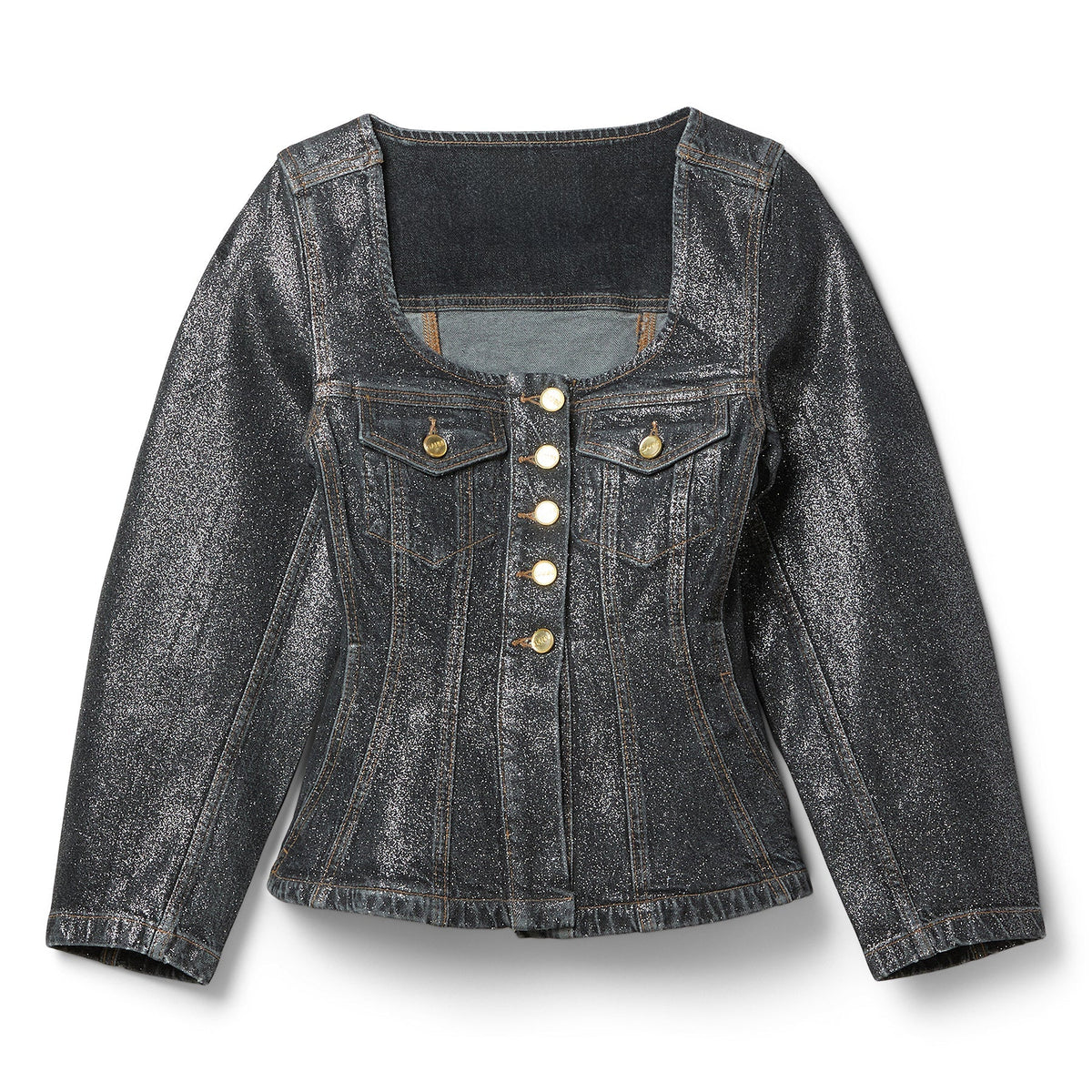 GANNI Shimmery Foil Denim Fitted Blazer (Washed Black/Black) Top