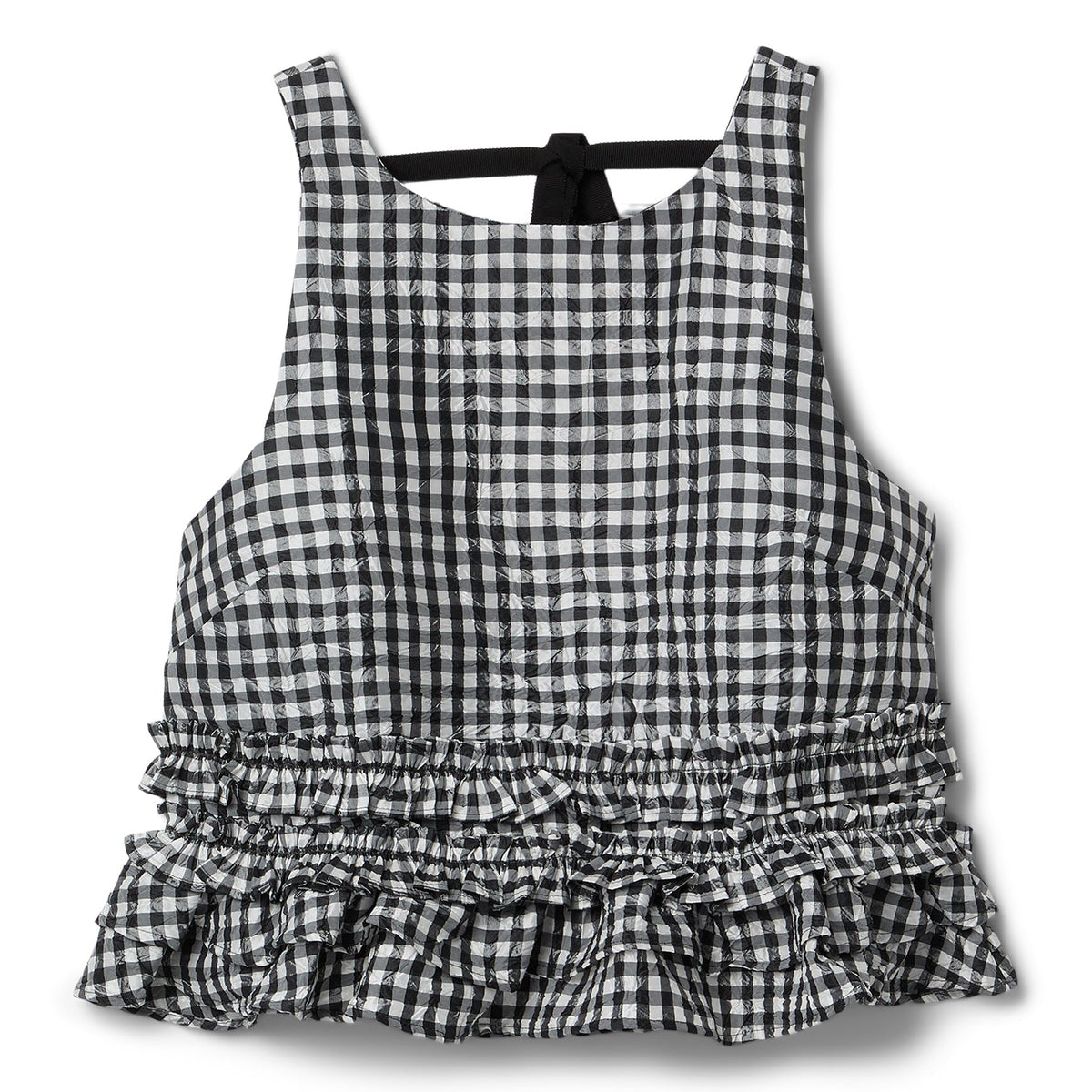 GANNI Crinkled Taffeta Check Open Back Frill Top (Black)
