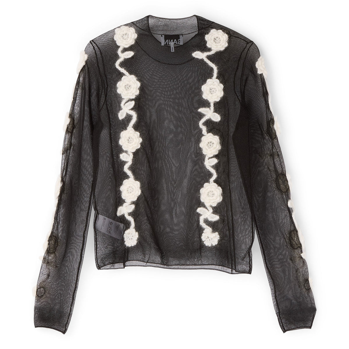 GANNI Sheer Flower Crochet Turtleneck (Black) Top