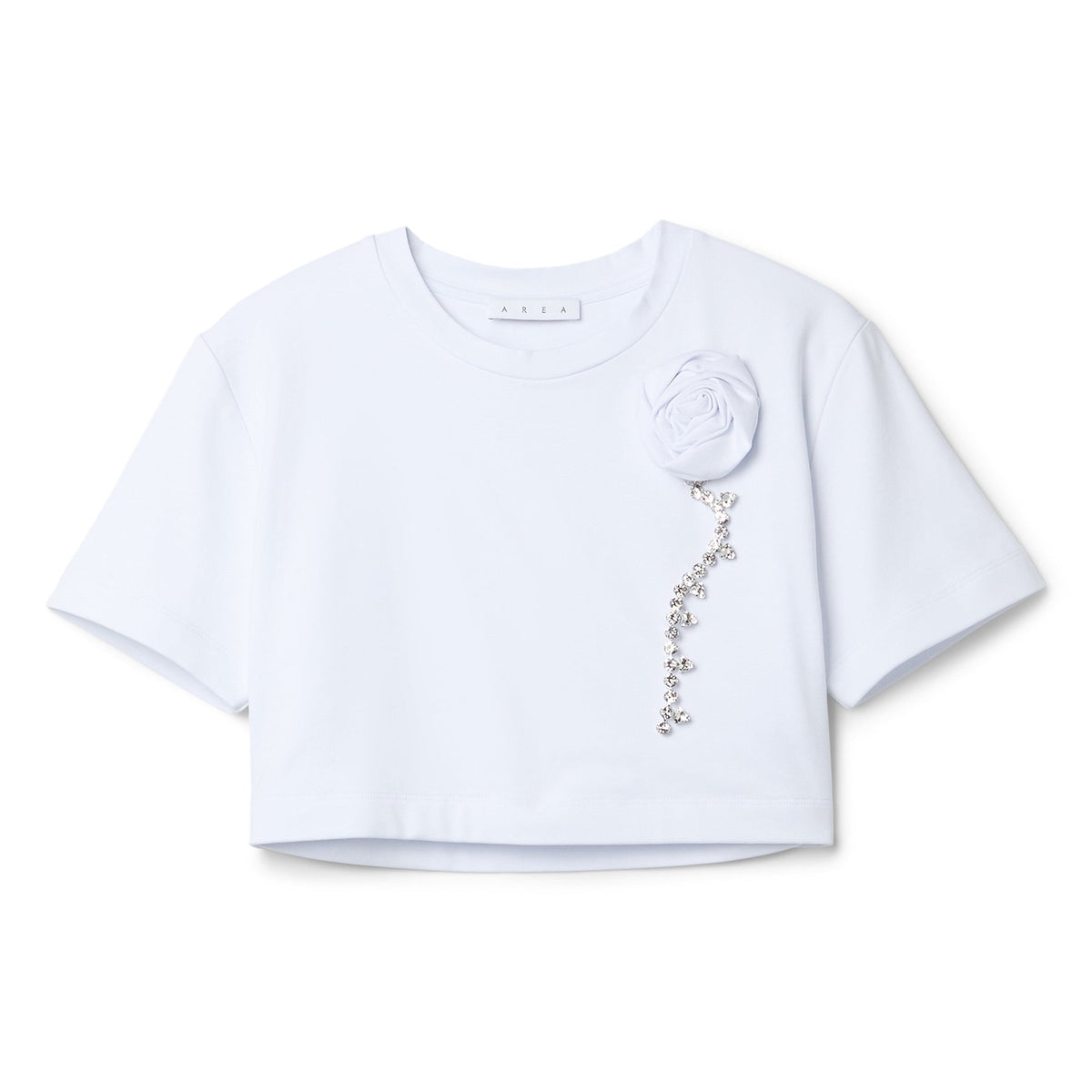 AREA Crystal Rosette Cropped T-Shirt (White) Top